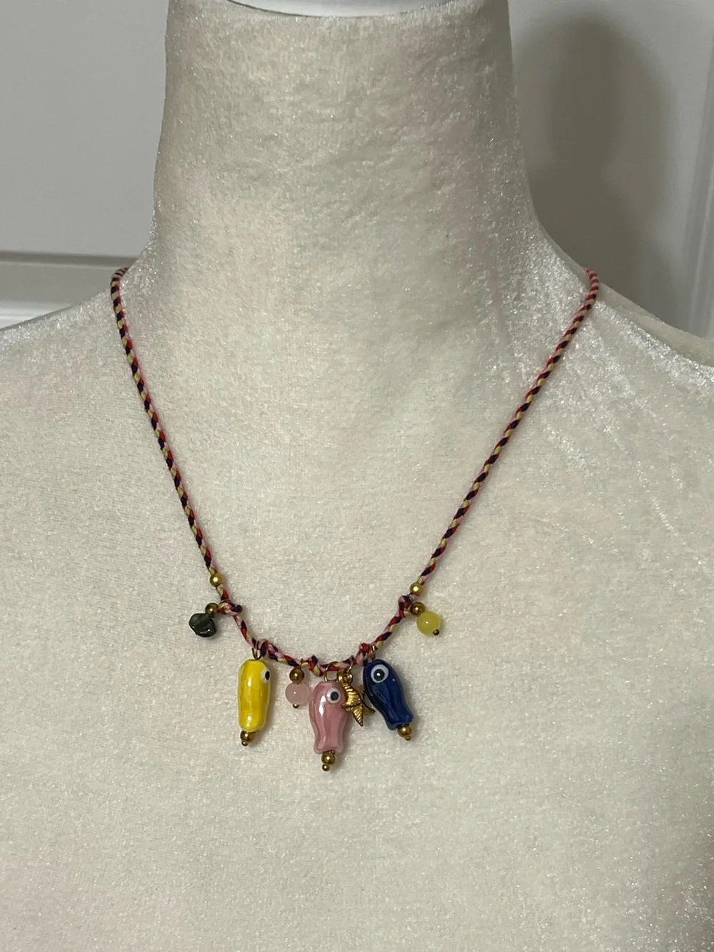 Colorful Glass fish Charm Necklace - Yellow, Pink & Blue